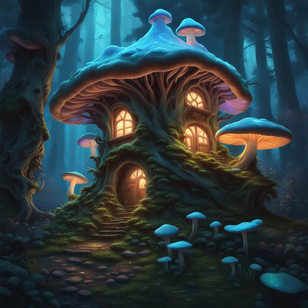Enchanted Mushroom House in Bioluminescent Forest