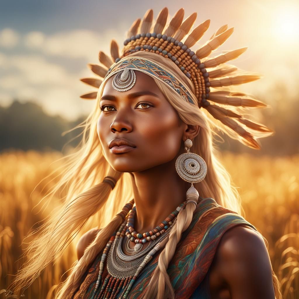 Indigenous Woman in Sunlit Field: Hyperdetailed Portrait