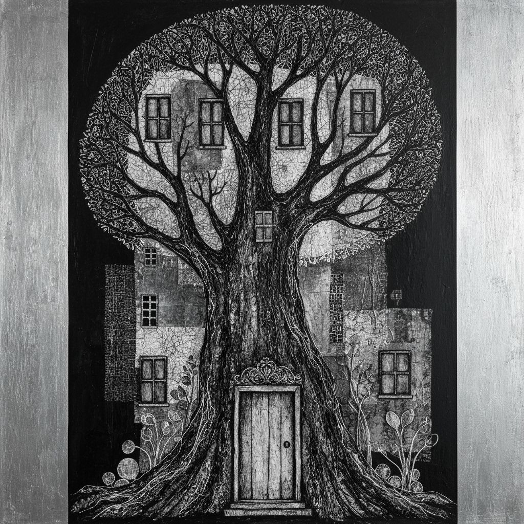 Abstract Folk Art Treehouse in Black and Silver Tones