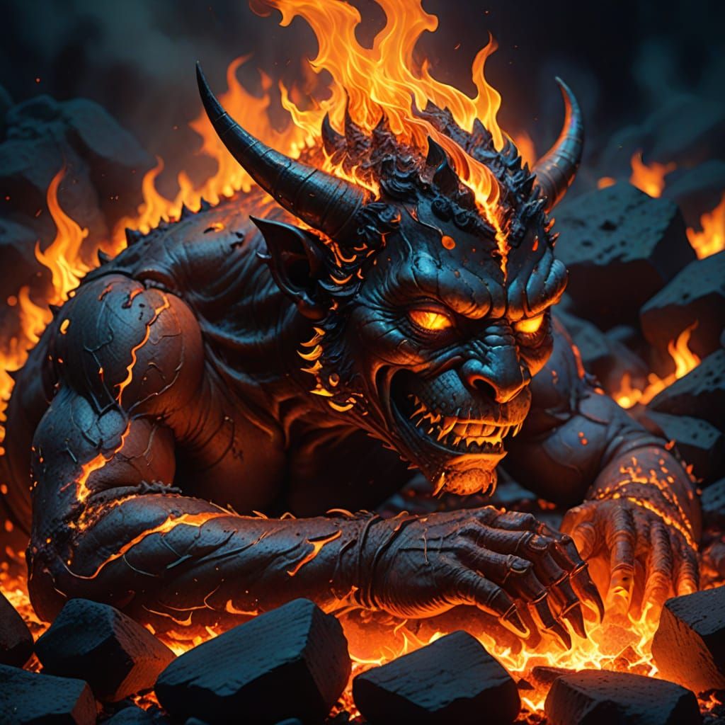 Fire Imp Asleep on Coals in Double Exposure