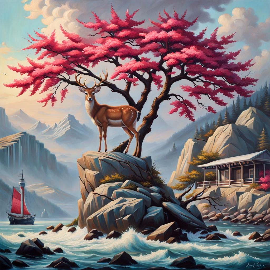 Deer on Rock Oil Painting