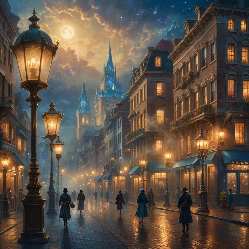 Ethereal Fantasy Cityscape Shimmers at Night