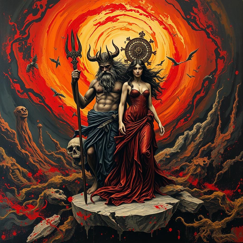 Hades and Persephone in Dystopian Impasto Landscape