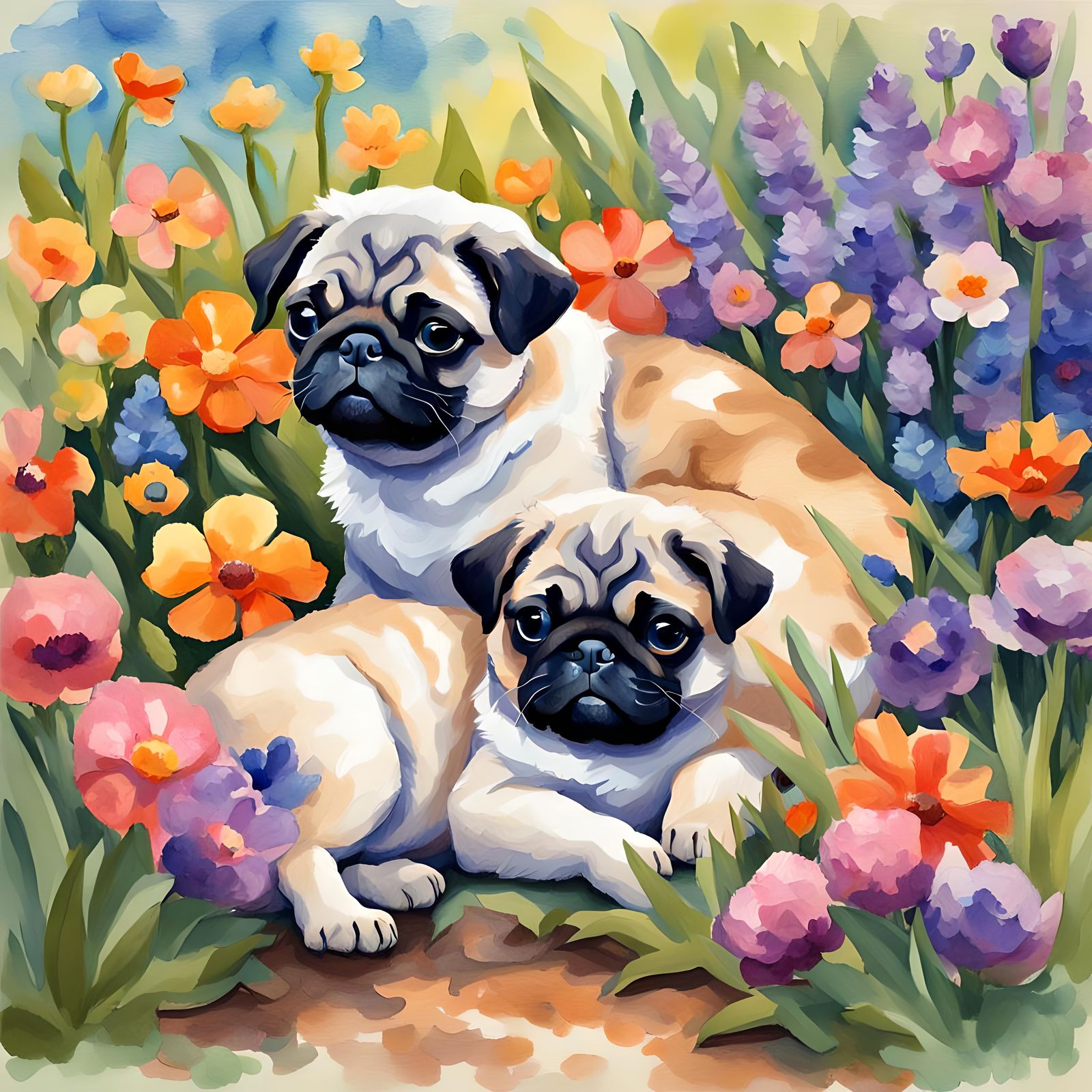 Puppy and Kitten Nap in Impressionist Garden