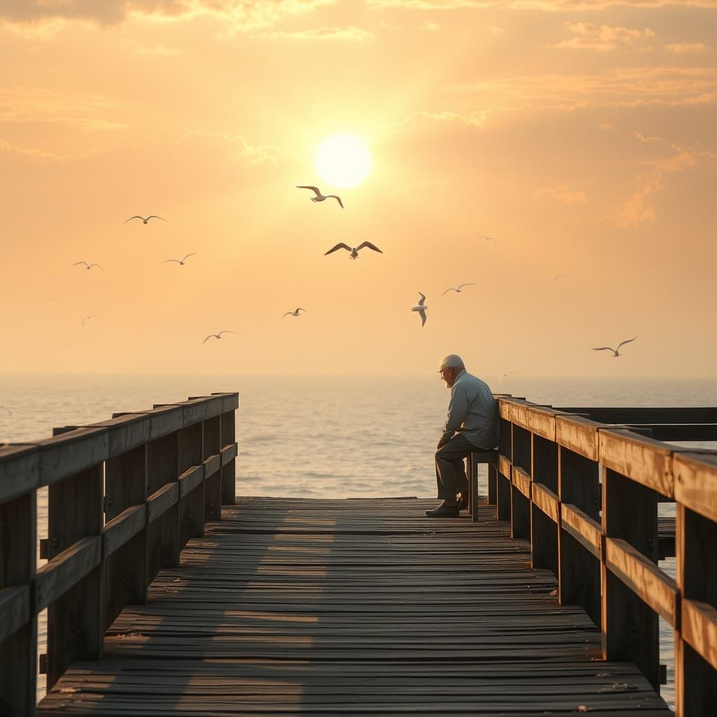 Elderly Man Finds Solace on Weathered Pier at Dawn
