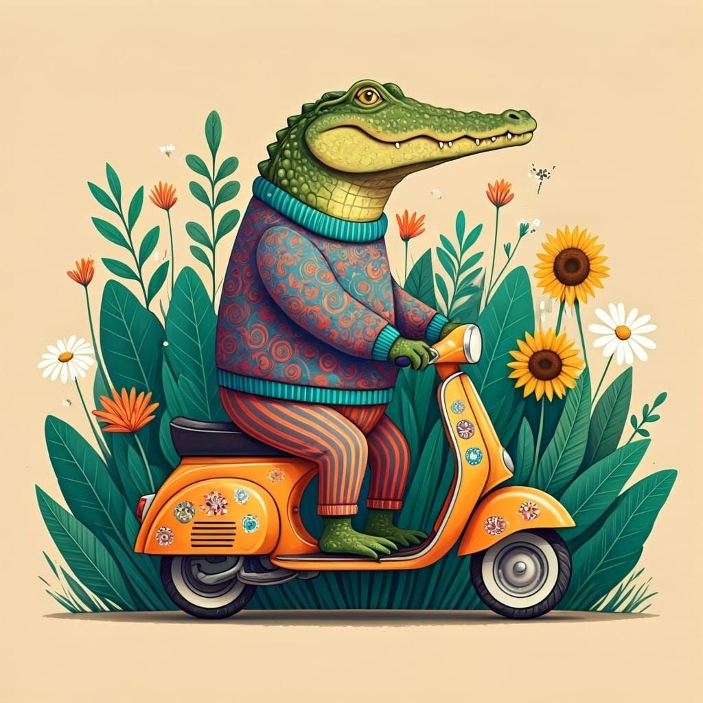 Joyful Crocodile Rides Scooter in Whimsical Scene