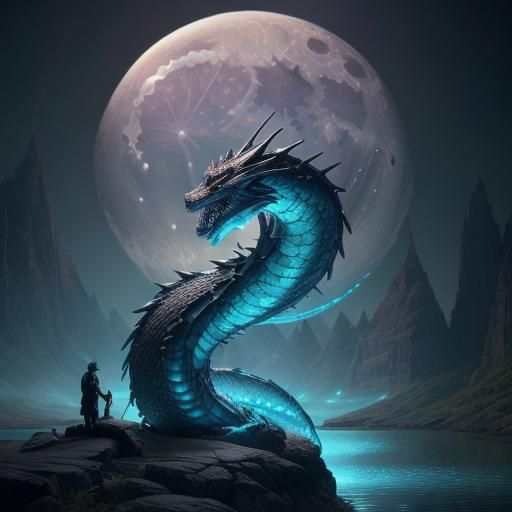 Bioluminescent Dragon Serpent Circling Moonlit Lake