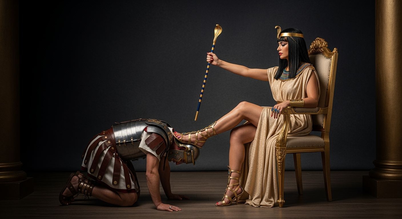 Regal Egyptian Queen on Throne with Roman Soldier
