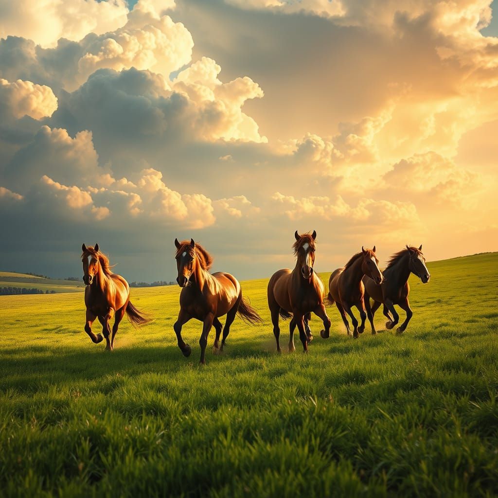 Epic Horses Gallop in a Vibrant Green Field