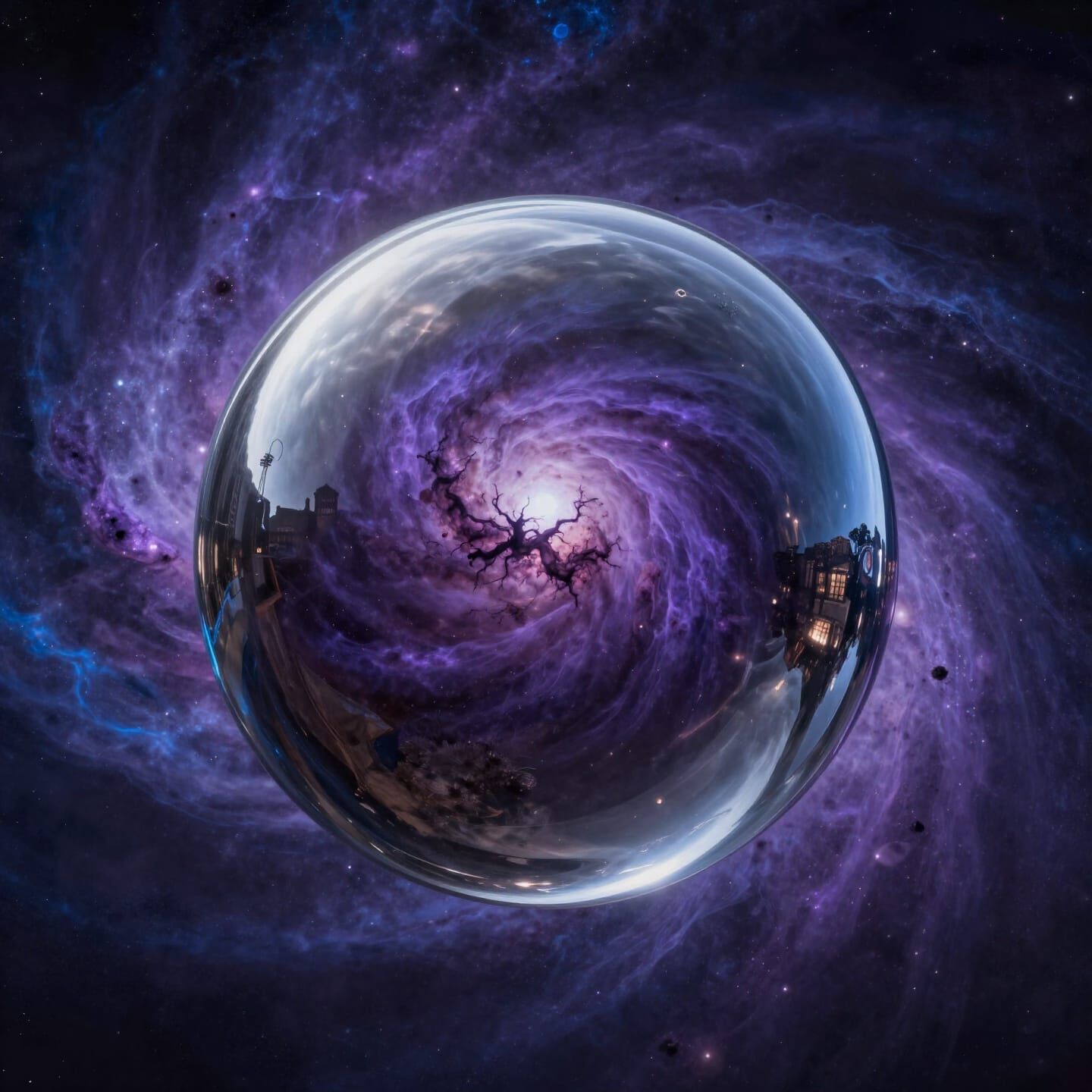 Polished Silver Sphere Reflecting Cosmic Surrealism