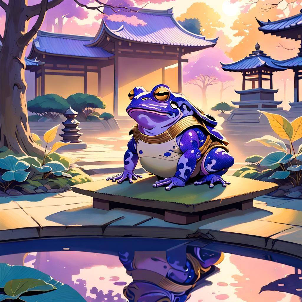 Samurai Toad in Dawn Garden: Anime Surrealism