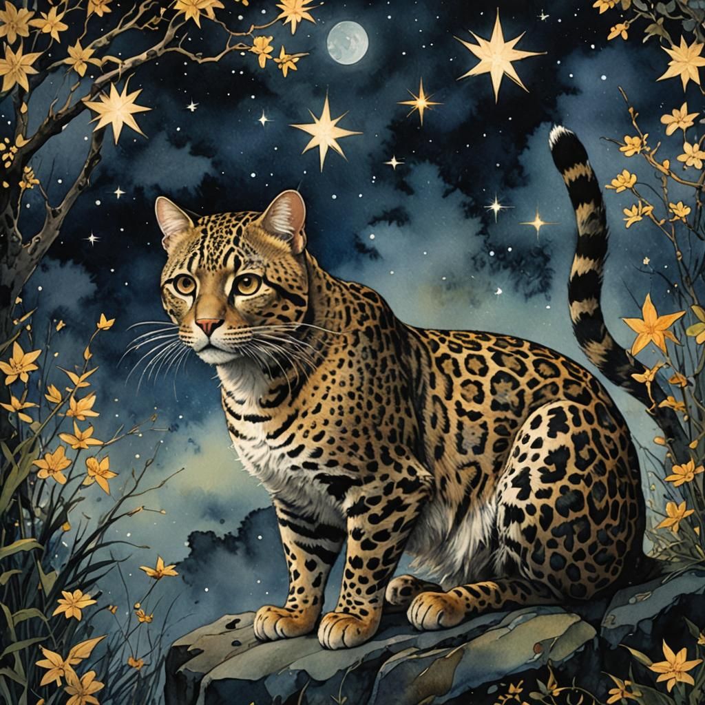 Tsushima Leopard Cat in Ancient Japan, Tachisme Watercolor