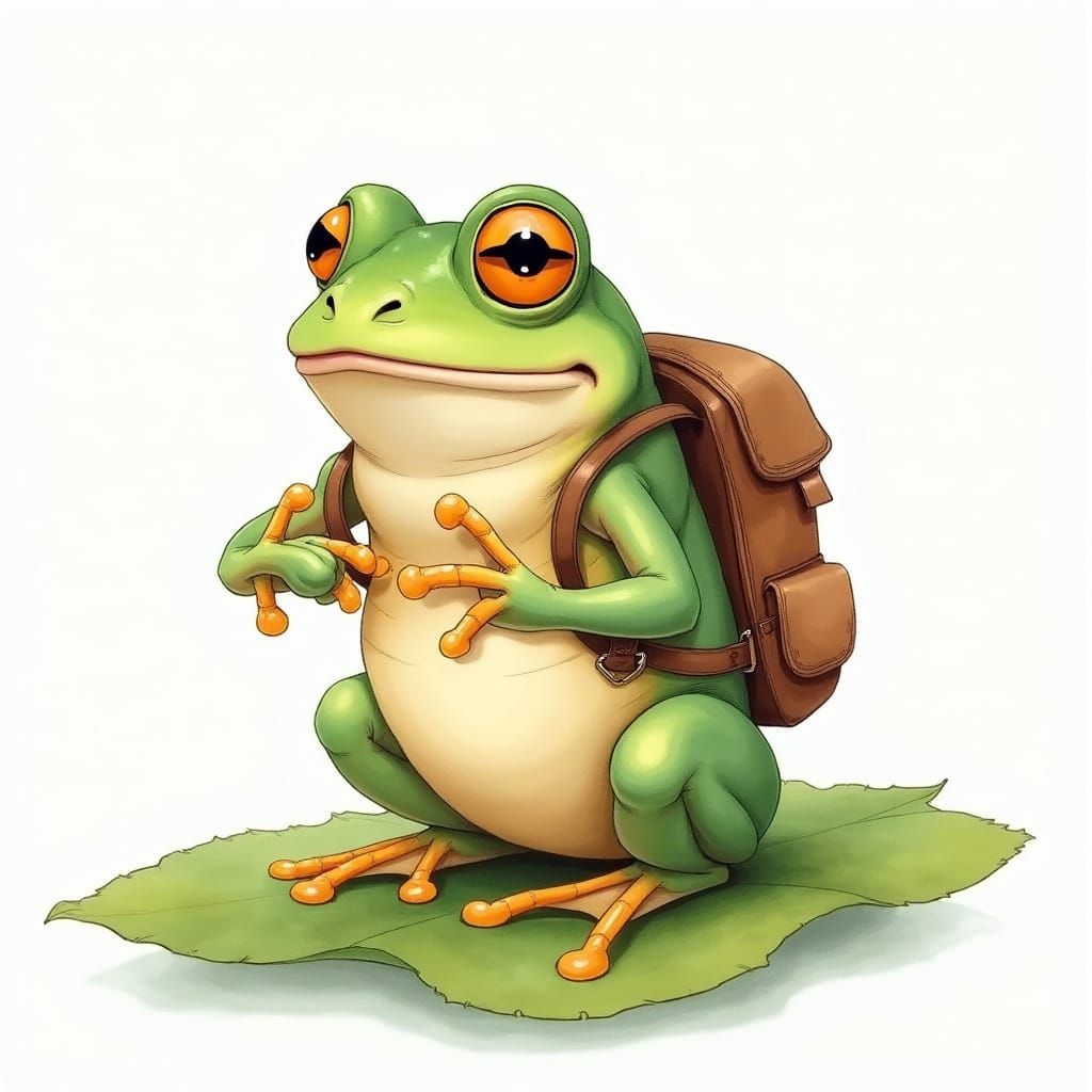 Startled Frog with Backpack: Whimsical Watercolor Illustrati...