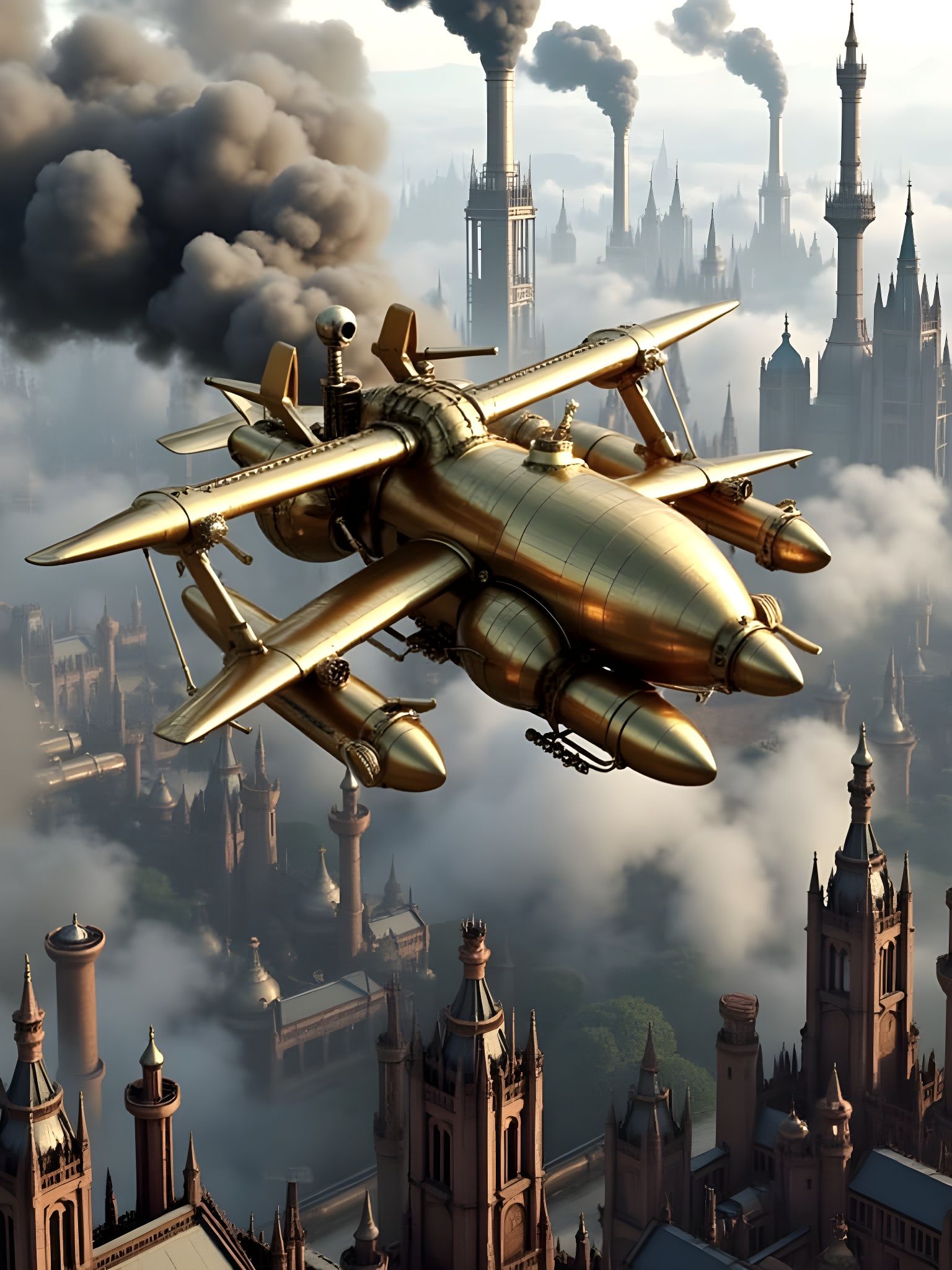 Golden Steampunk Airship Over Industrial City