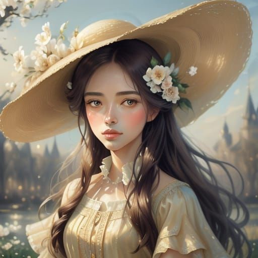 Impressionist Watercolor Portrait of Woman in Straw Hat