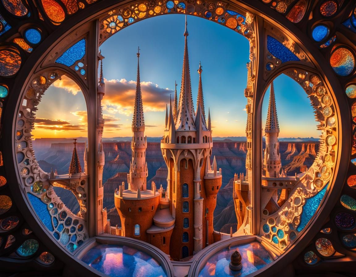 Gaudi-Inspired Futuristic Castle at Sunset