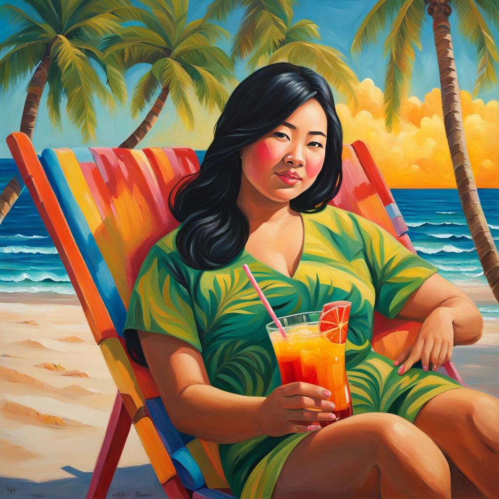 Beautiful Woman on Tropical Beach in Acrylic Painting