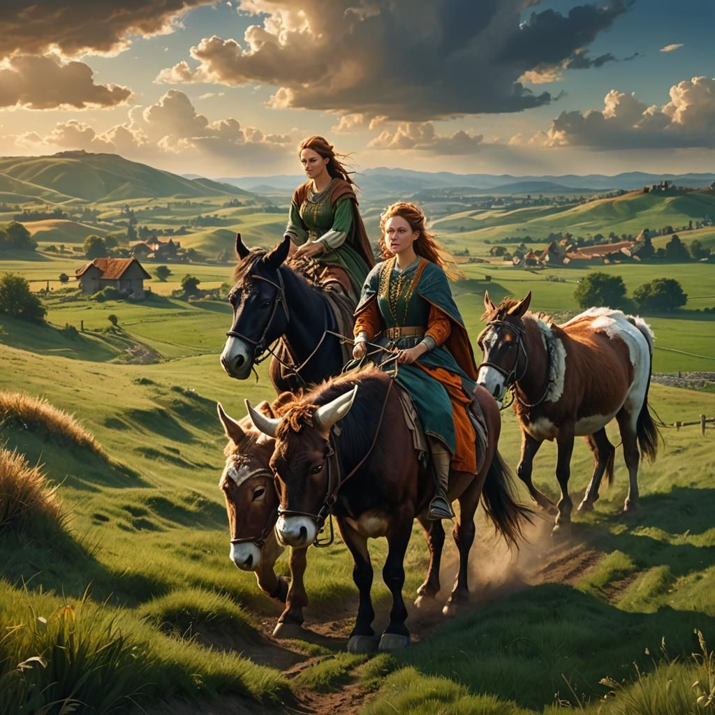 Medieval Women Plowing Field in Matte Painting Style