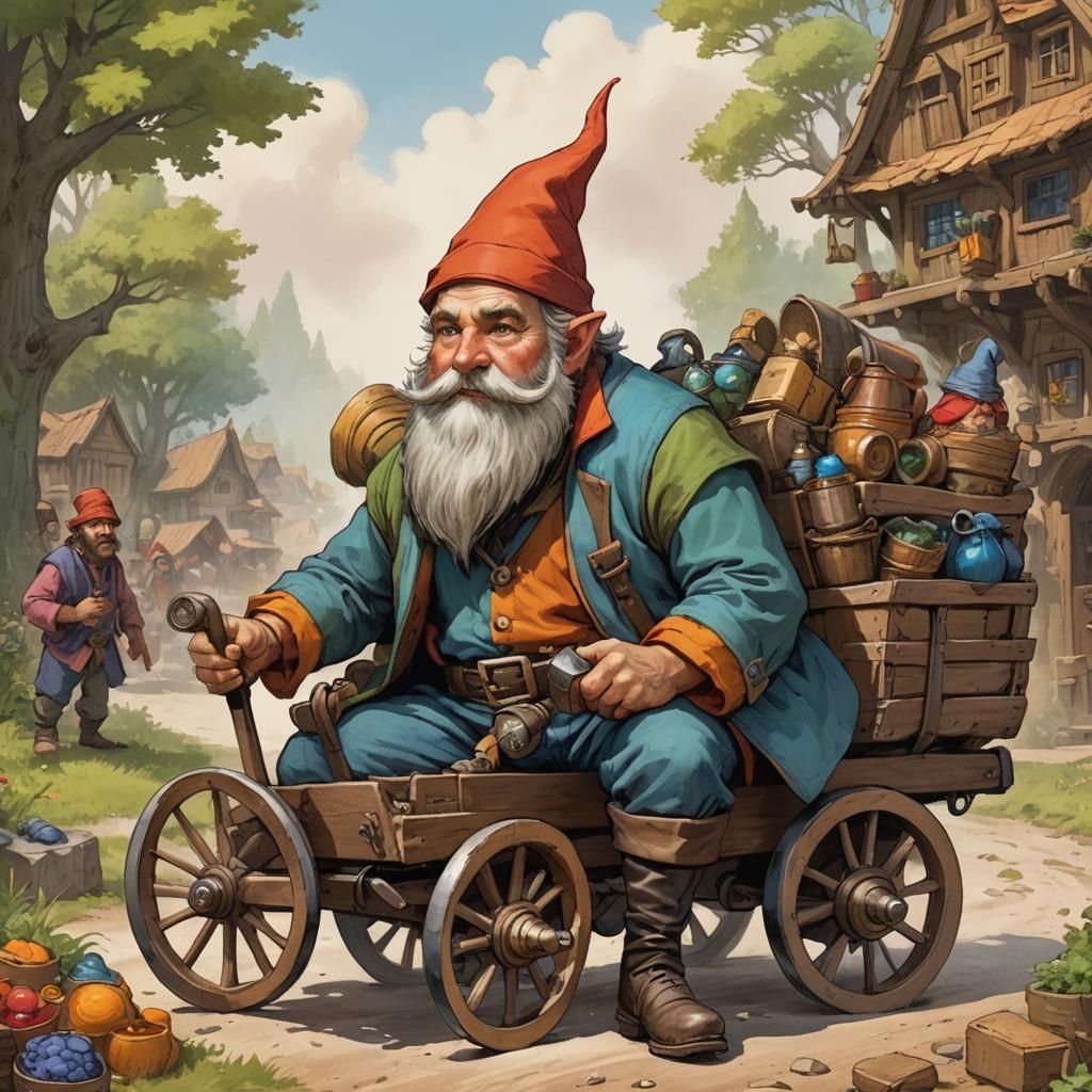 Gnome Merchant Spy Driving Colorful Wagon