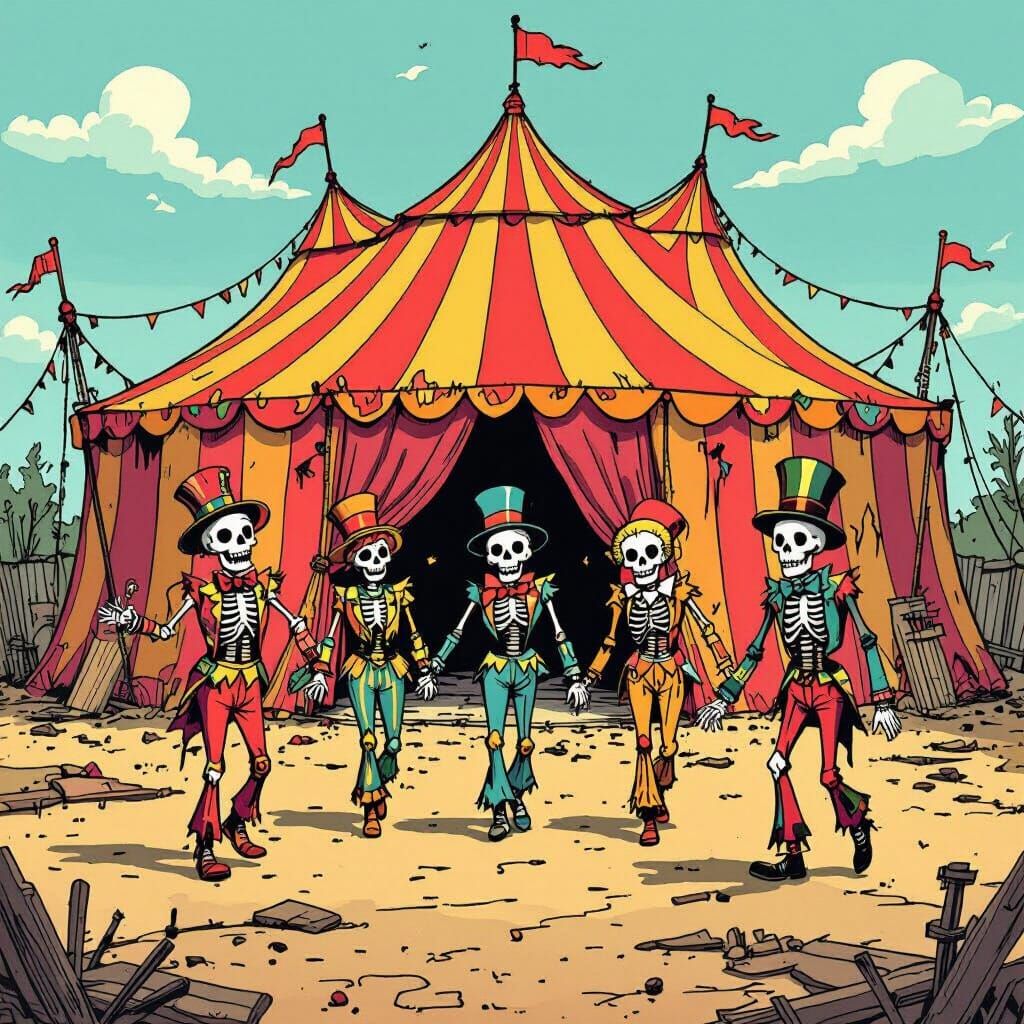 Skeletal Circus Performers in Classic Cartoon Style