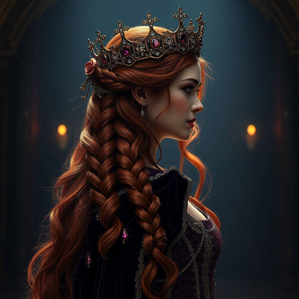 Medieval Queen with Crimson Hair in Dark Fantasy Style