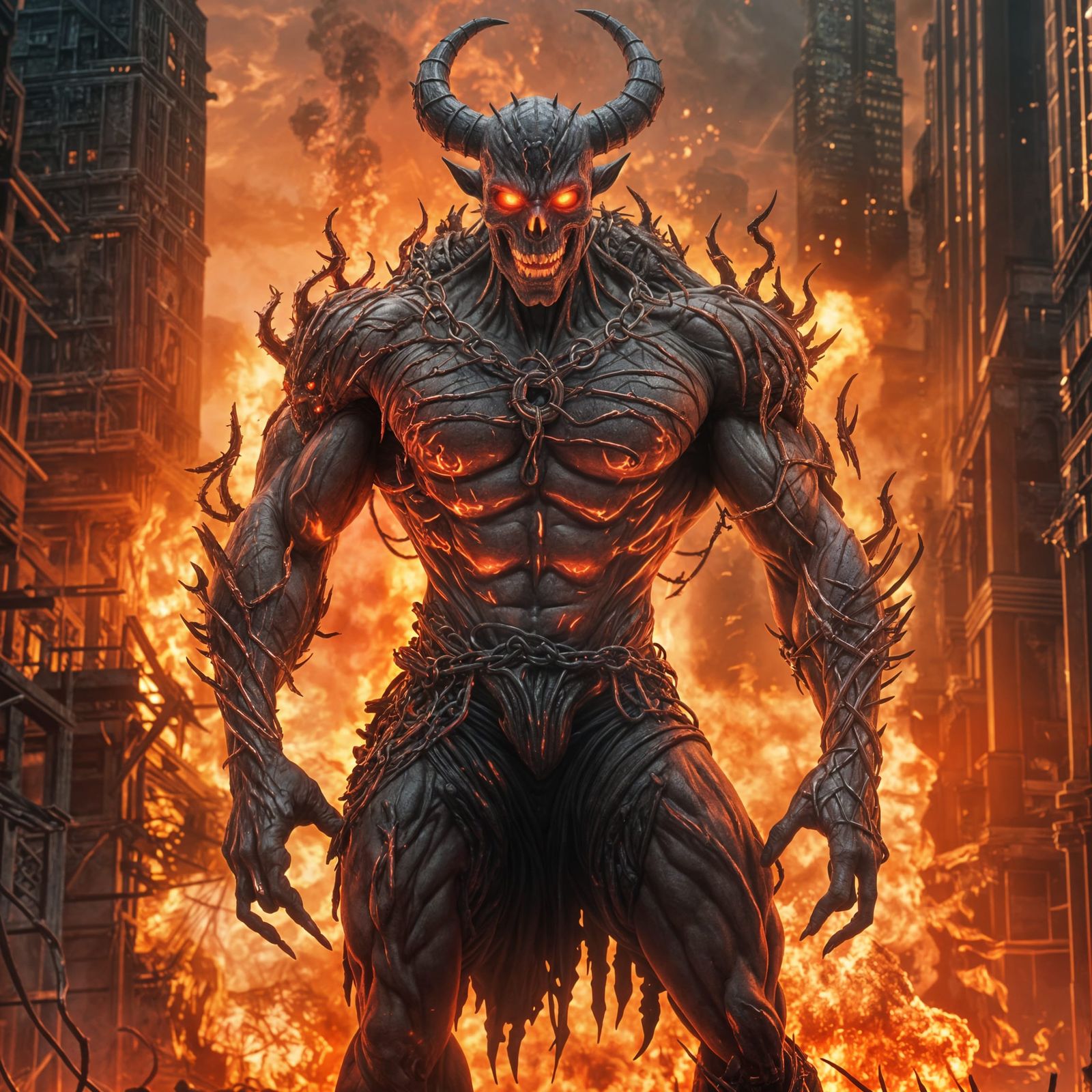 Skeletal Demon in Burning City: Dark Fantasy Horror Art