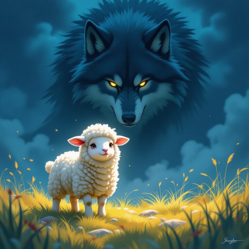 Terrified Lamb and Looming Wolf in Digital Art