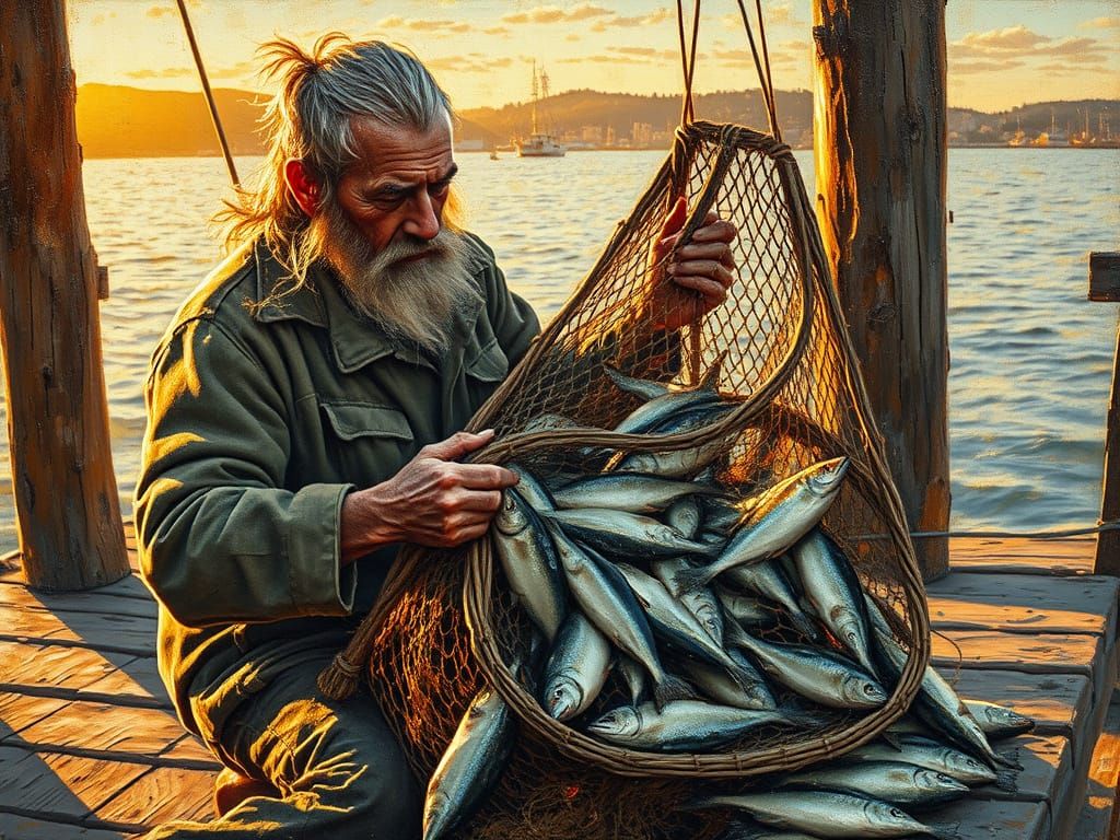 Fisherman Mending Net Overflowing With Fish at Sunrise