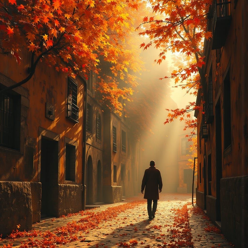 Prague Street View in Autumn, Dark Oil Painting