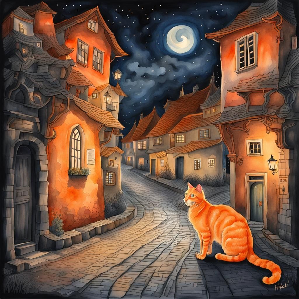 Orange Cat in Dark Fantasy Village Street