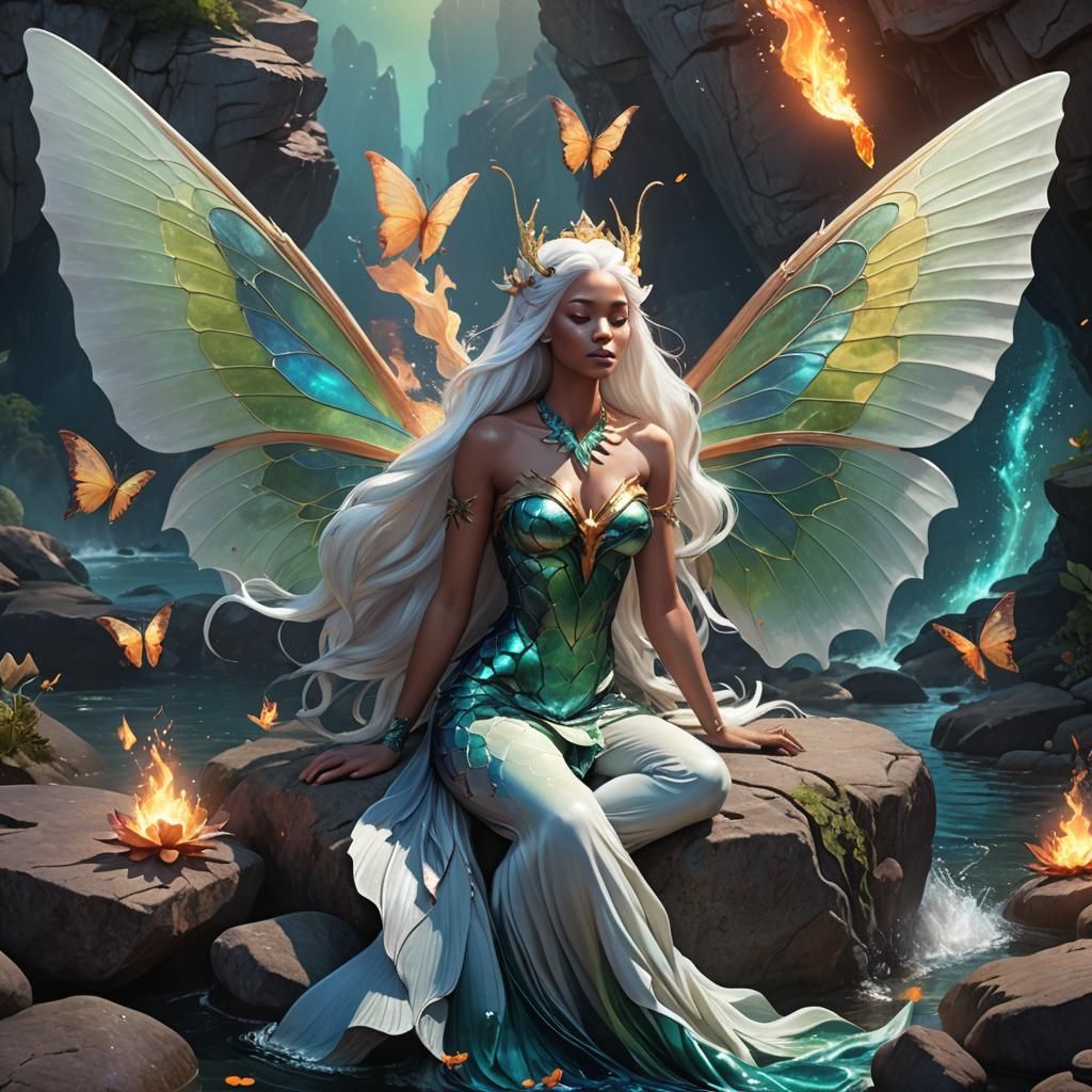 Luna Moth Mermaid Welcoming the Sun: Fantasy Art