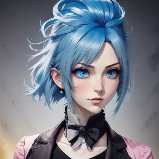 Anime Female with Blue Hair and Almond Eyes