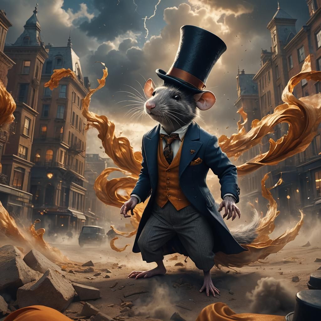 Rat in Suit Struggles Against Wind, Matte Painting