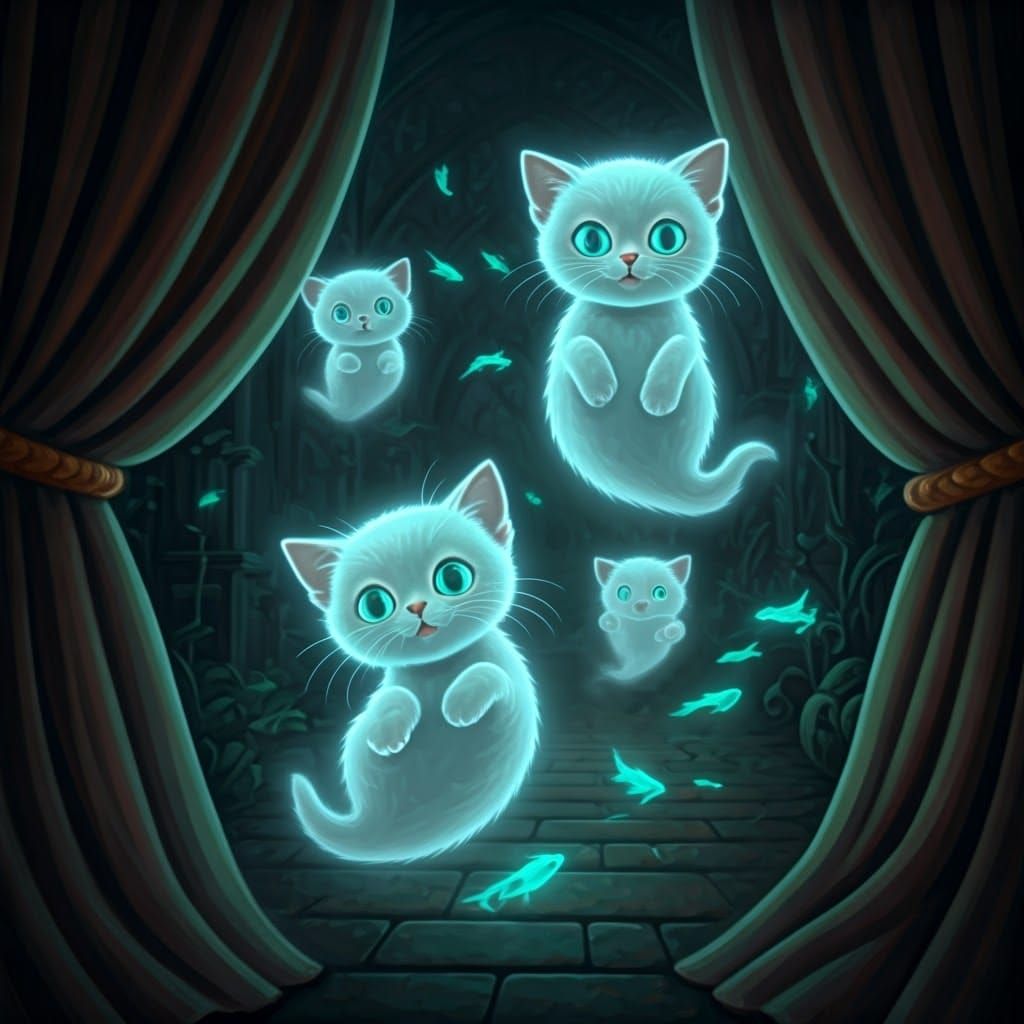 Ghostly Kittens Floating in a Mysterious Room