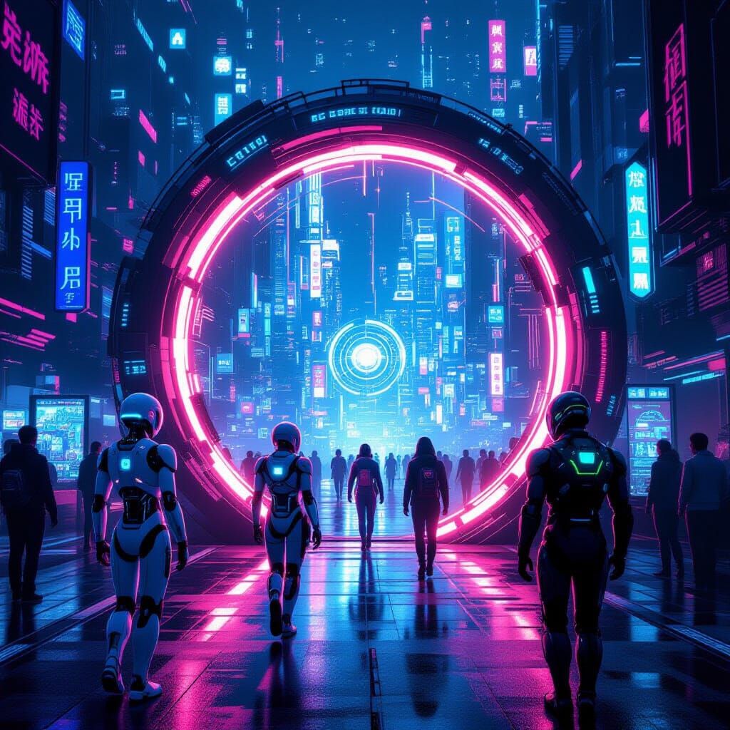 Futuristic Android City Portal in Cyberpunk Style