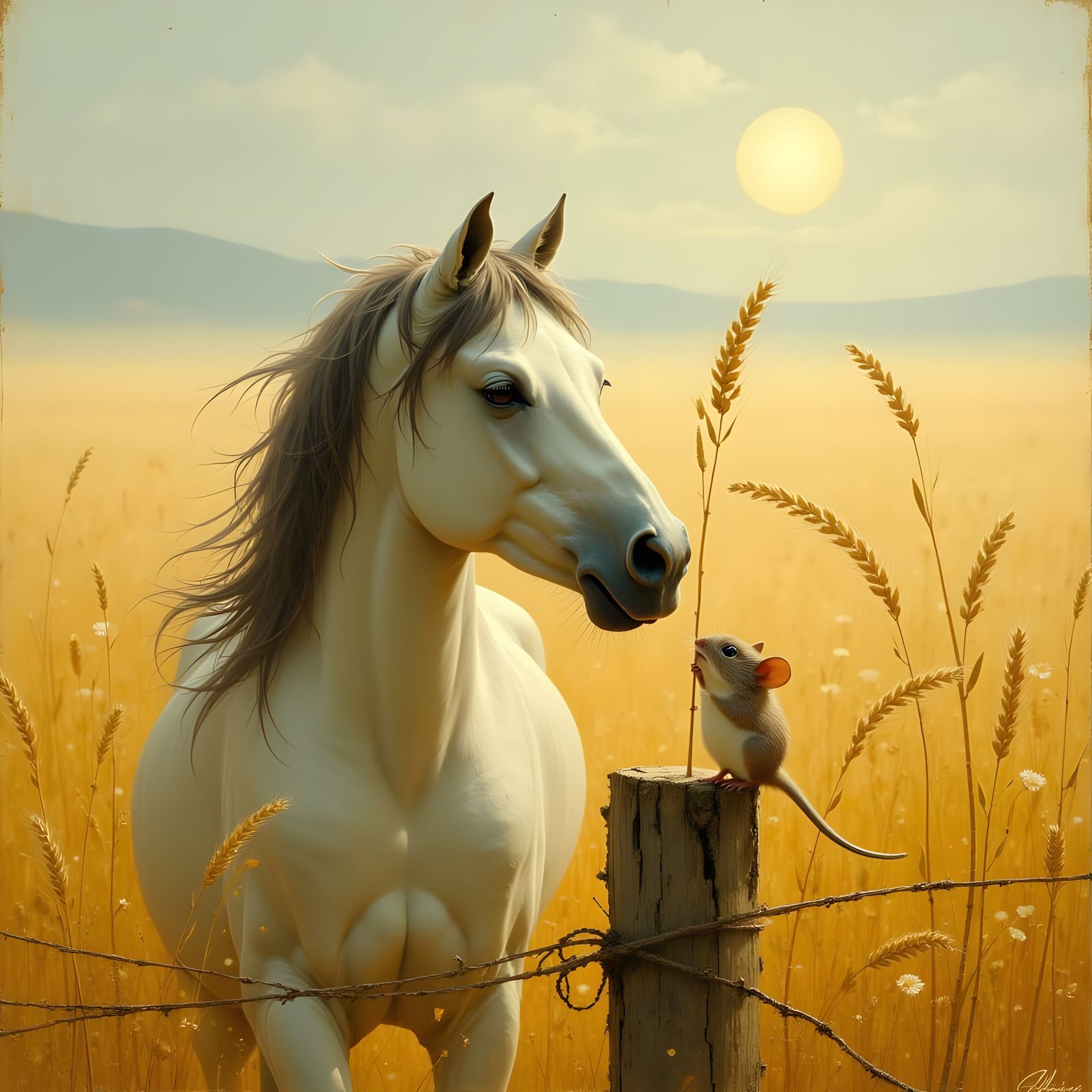 Mouse Offers Wheat to Horse in Golden Field