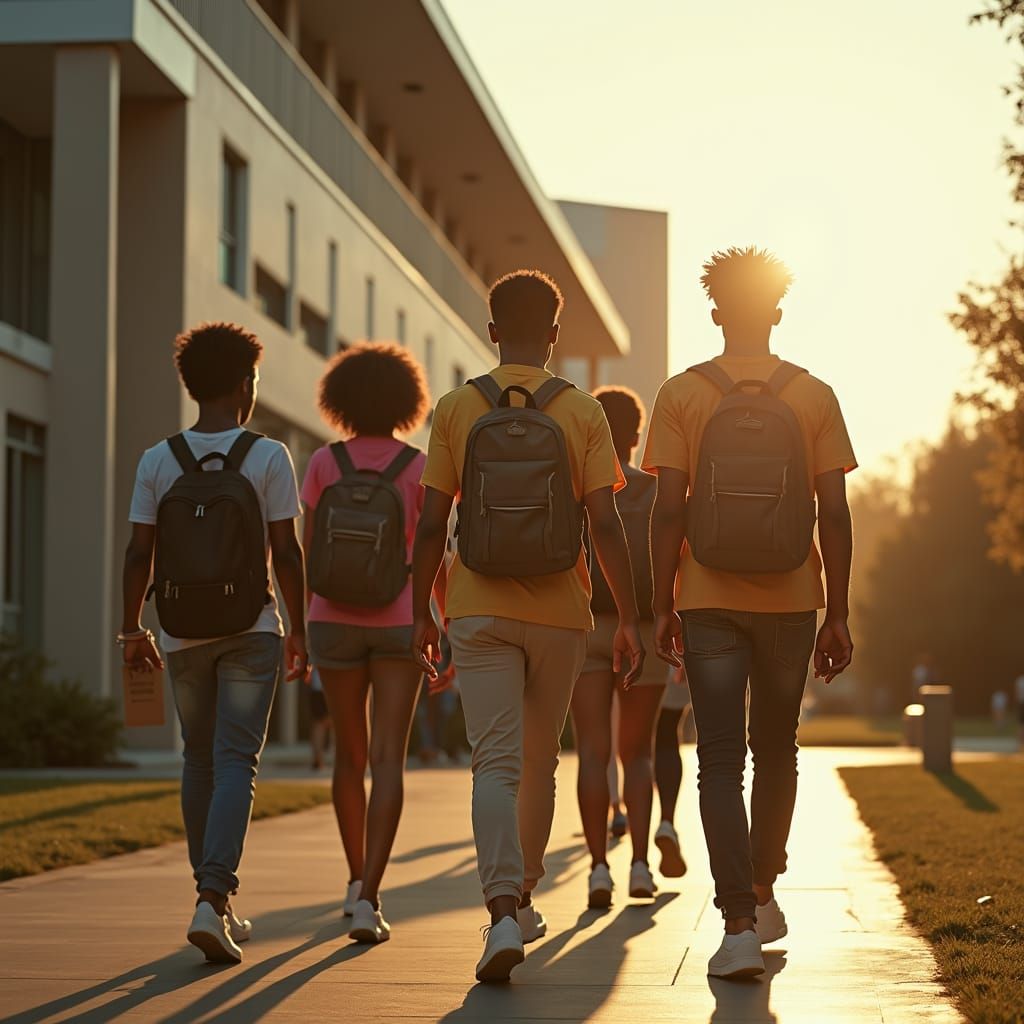 African Students Stroll to University in Golden Sunlight