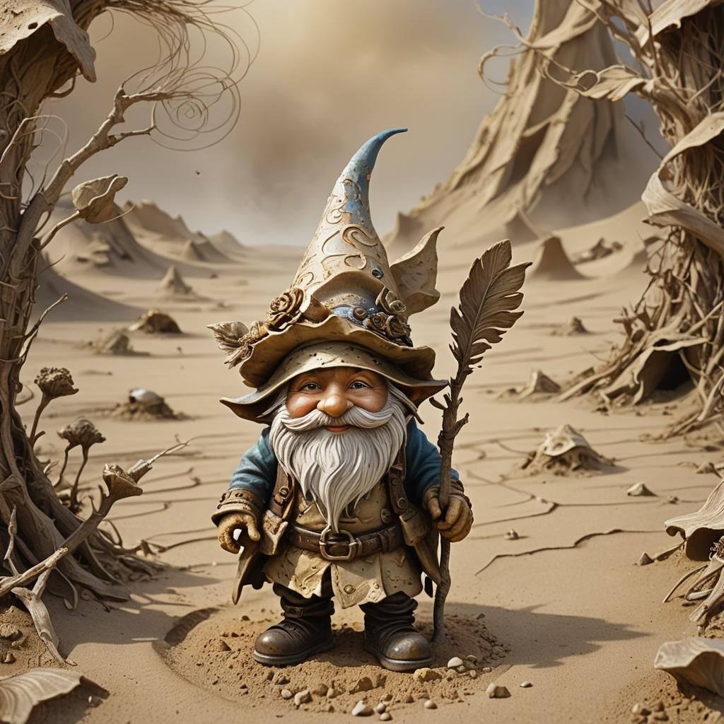Dust Gnome in Desolate Wasteland: Whimsical Fantasy Art