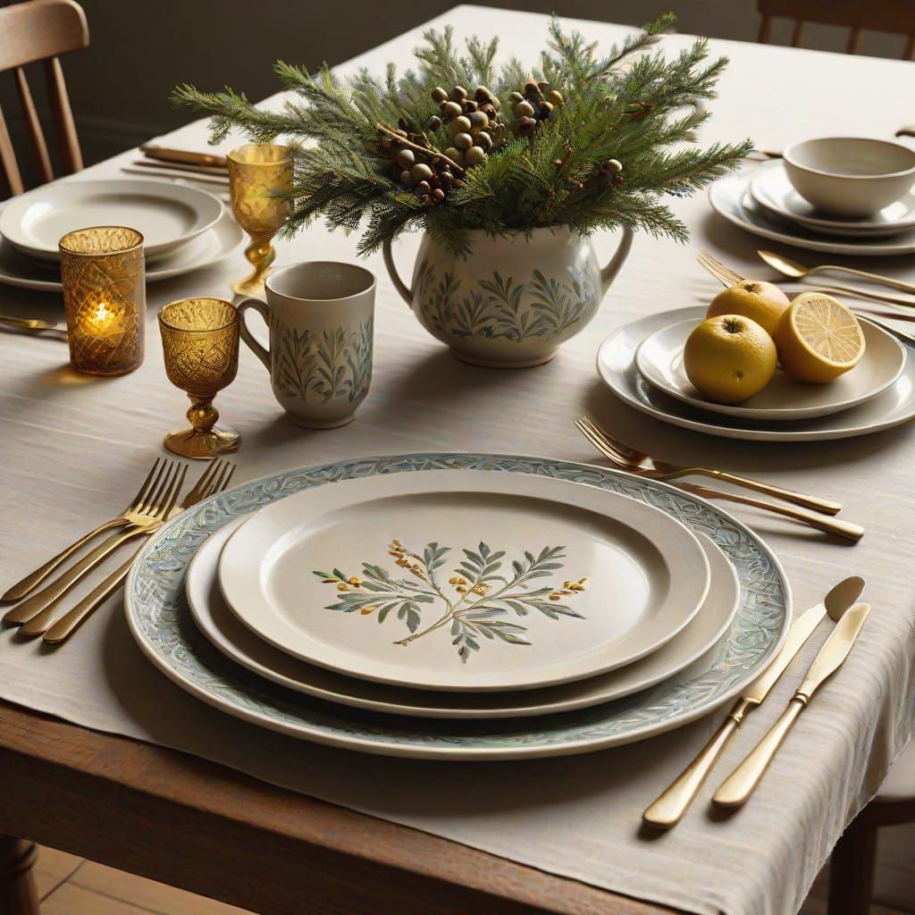 Whimsical Stoneware Tableware with Mistletoe Embellishments