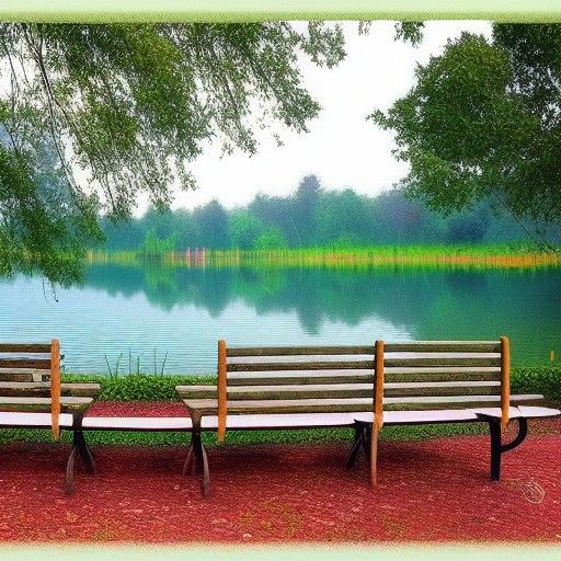 Flowers trees park lake bench detailed matte painting