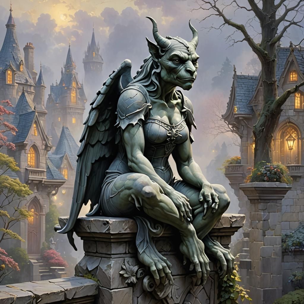 Ethereal Stone Gargoyle on Mansion Fence