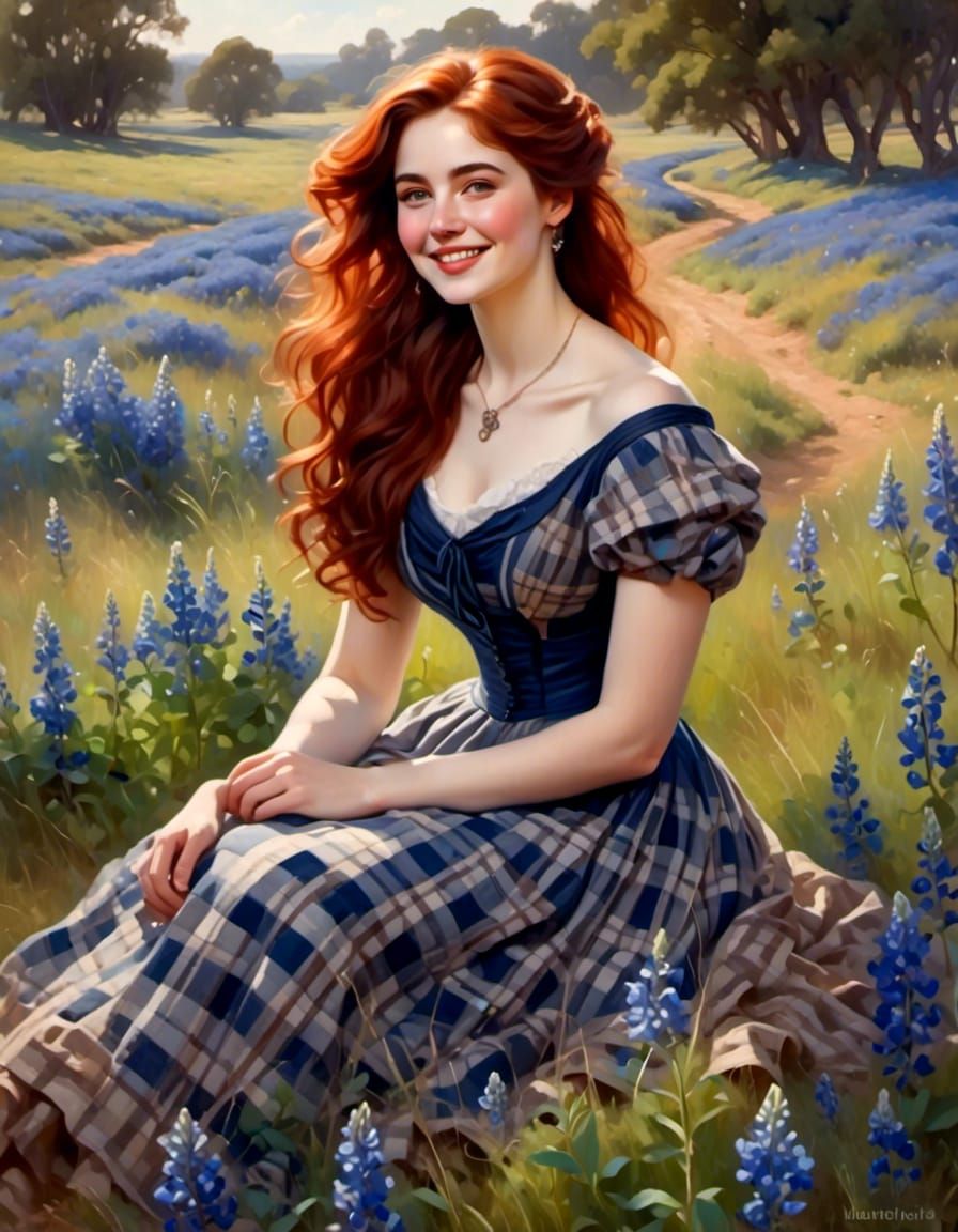 Victorian Woman in Bluebonnet Field Portrait