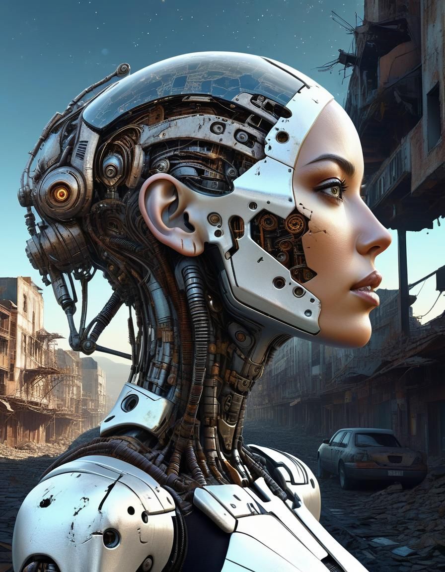 Cyborg Woman in Ruined City: Digital Painting