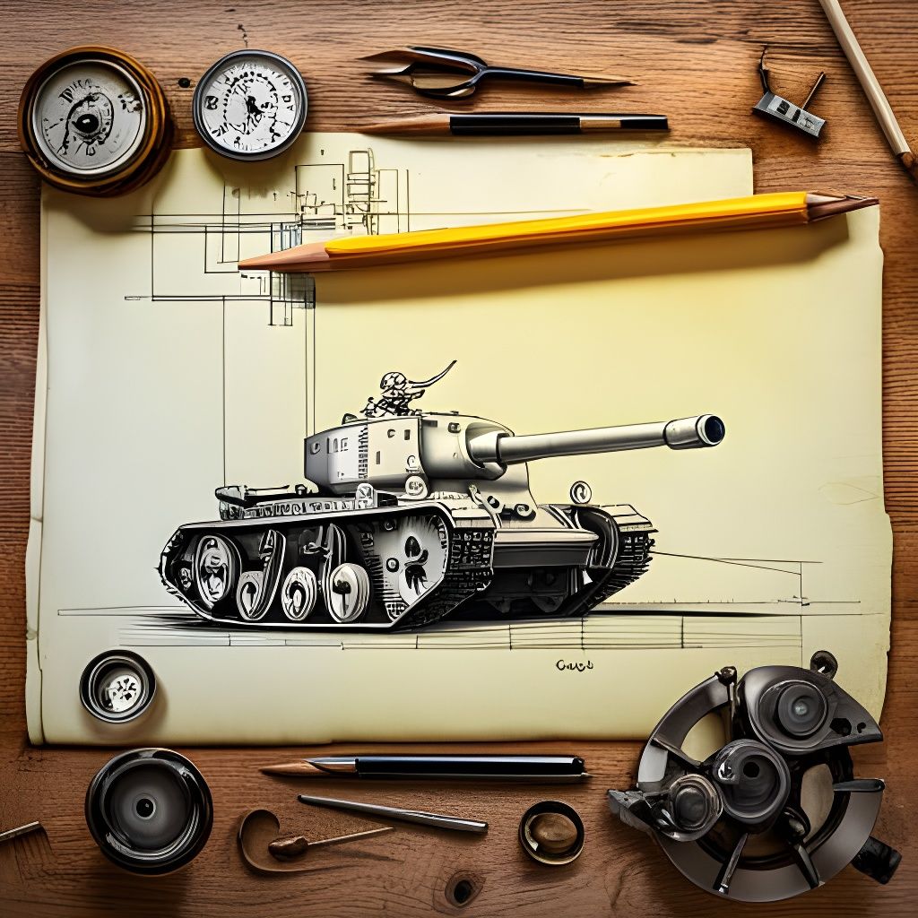 Steampunk Tank Schematic on Yellow Paper