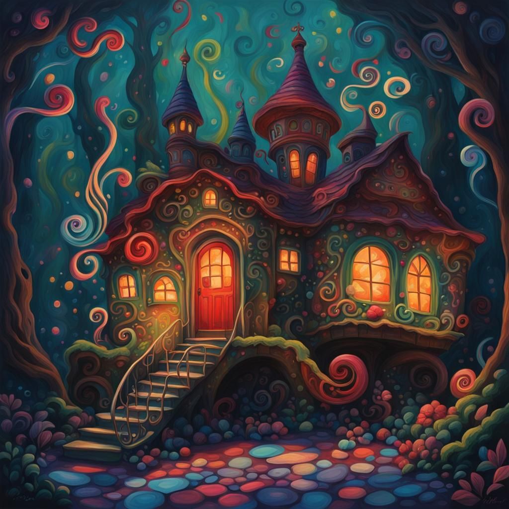 Colorful Candyland House with Gouache Swirls
