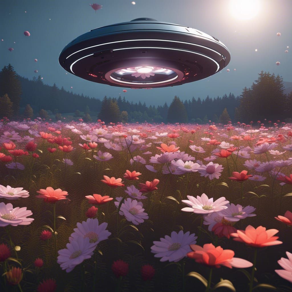 UFO Crash Site in Flower Field, Ukiyo-e Style