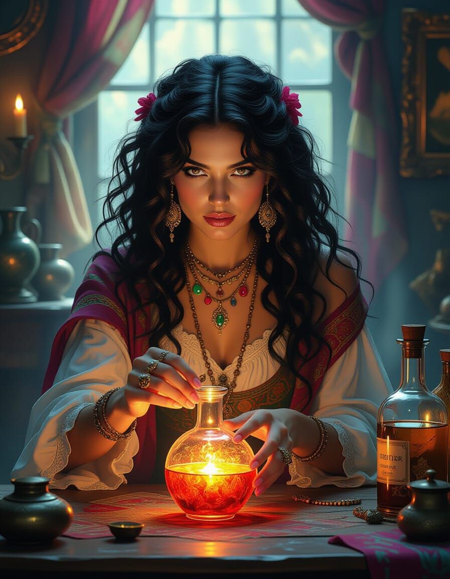 Romany Woman Mixes Glowing Love Potion in Antique Room