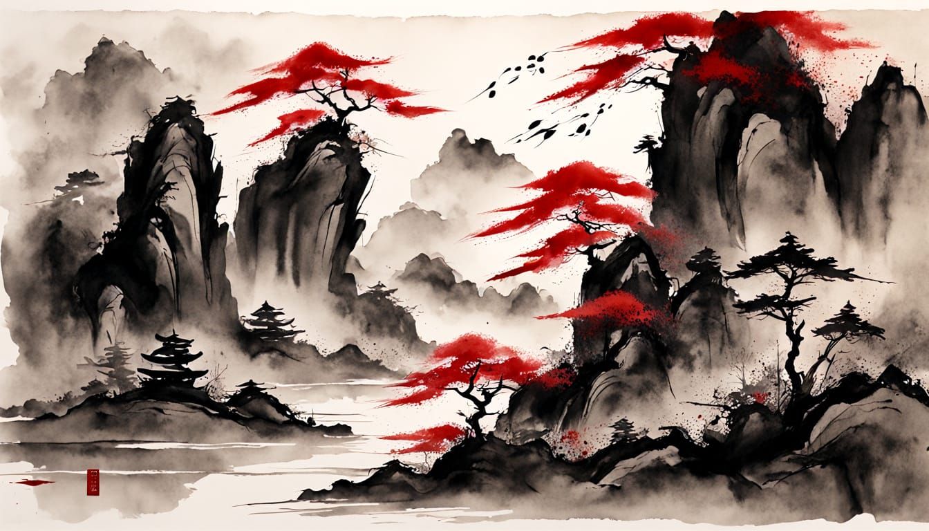 Gozan-ha Ink Painting of Aku in Sumi-e Style