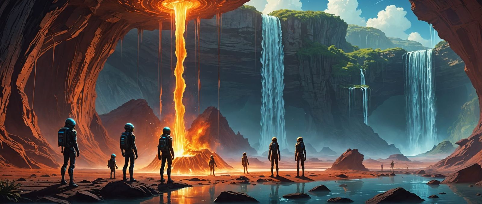 Anime Aliens by Fire Waterfall in Space