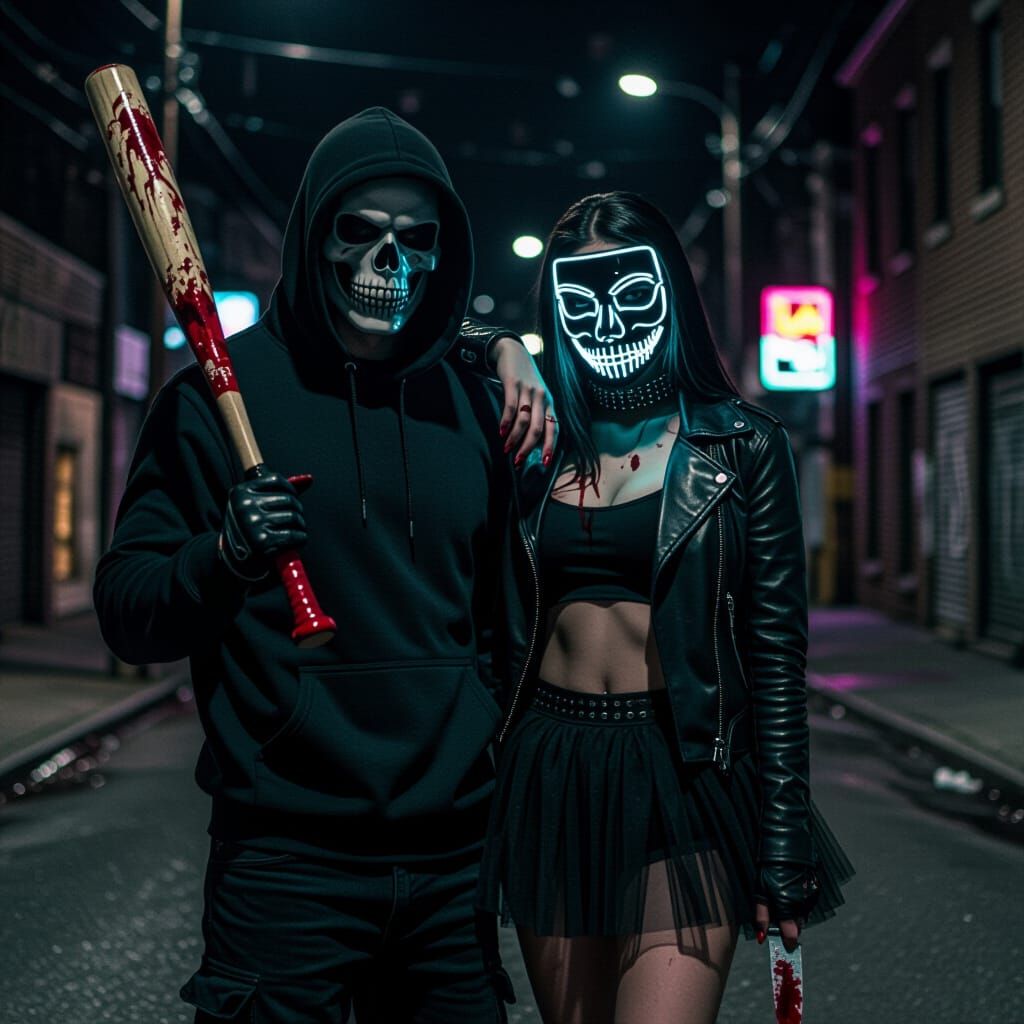Gothic Couple in Purge Outfits on Dark Urban Street